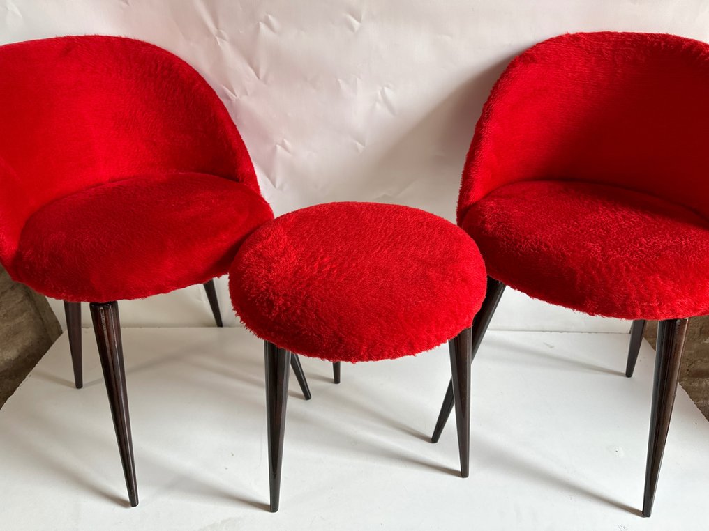 Esszimmerstuhl - Paar Sessel mit Hocker - Intensives Rot #2.3