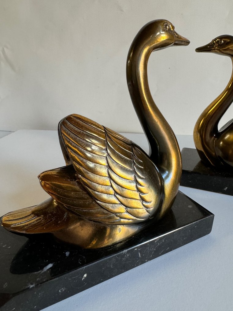 M.Leducq - Bookends (2) - Art Deco -Pair of Swans, M. Leducq (1879-1955) - Bronze, Marble #3.2