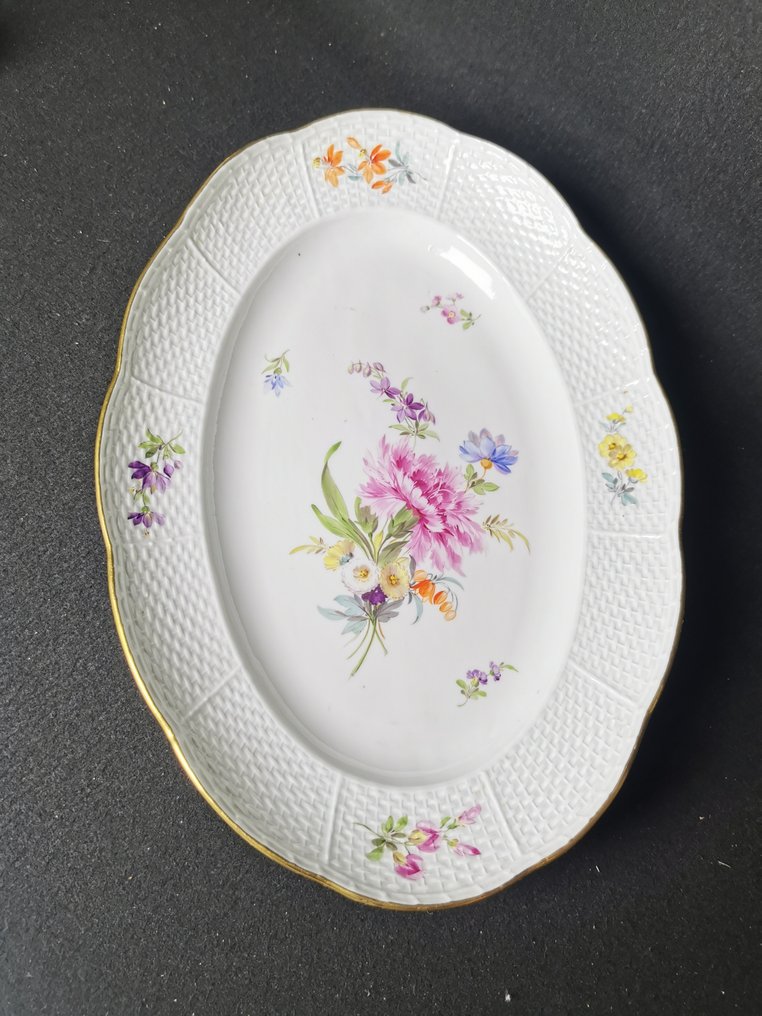 Meissen - Servierschüssel - Ovaler Teller - Porzellan, - schöne Blumen - handbemalt - Tellerform Alt-Ozier 1.Wahl #3.1