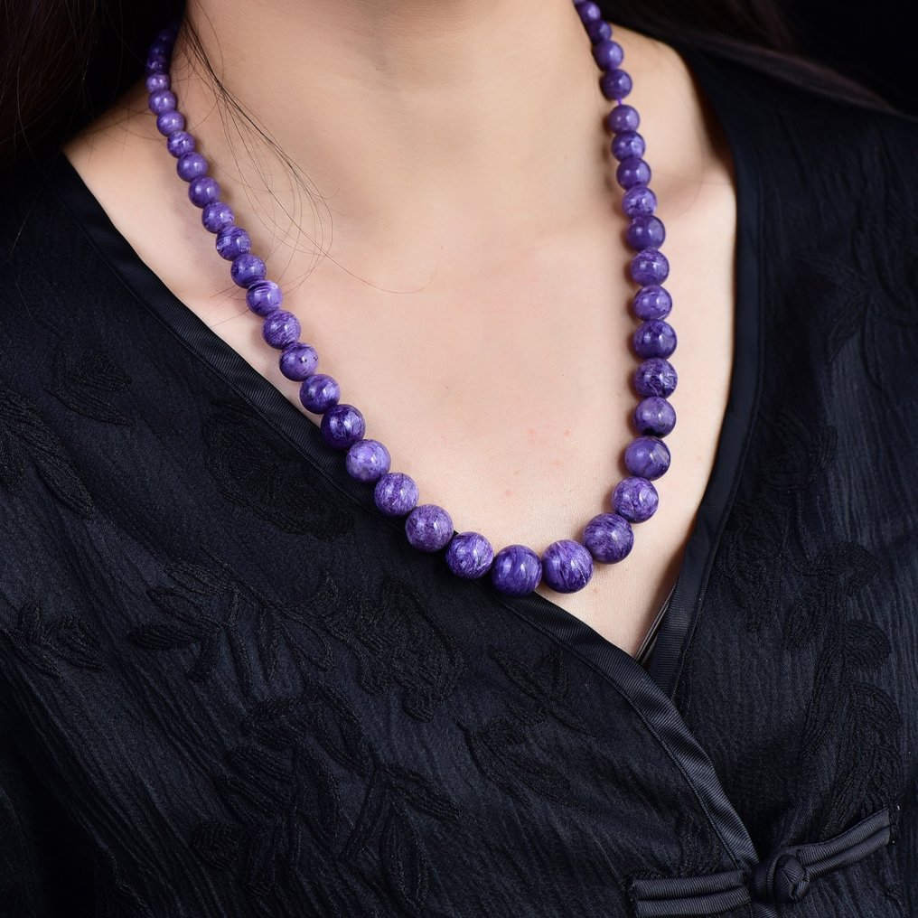 天然紫龍晶項鍊 - 完美無瑕的珠子，無與倫比的光彩- 81.93 g #1.2