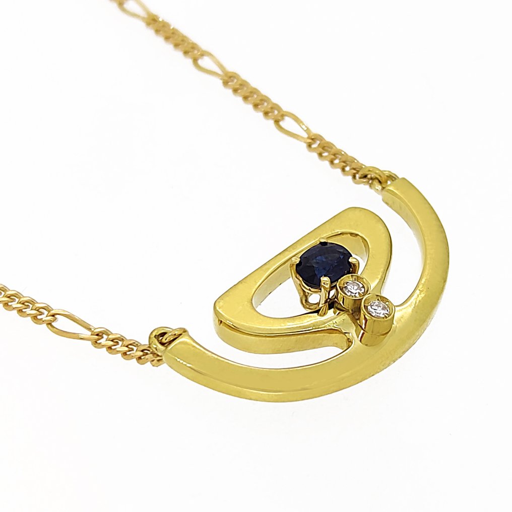 Necklace with pendant - 18 kt. Yellow gold -  0.06 tw. Diamond - Sapphire  #1.1