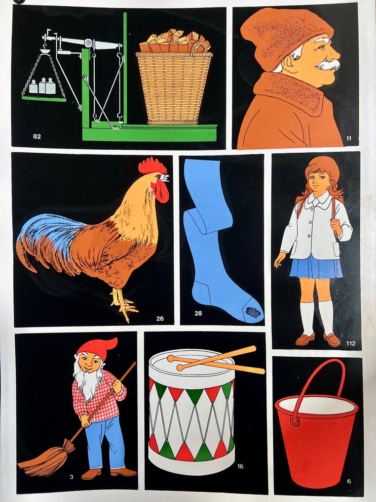 József Fogas - School education or work safety poster - lithography, Agriculture, tools, animals, rural, dwarf, - 1960s #1.2