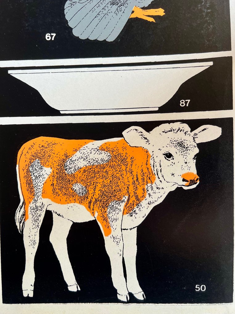 József Fogas - School education or work safety poster - industrial, lithography, Agriculture, tools, turkey, cow. - 1960s #2.1