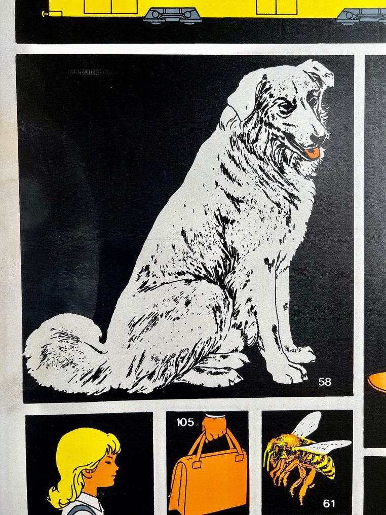 József Fogas - School education or work safety poster -industrial, dog, bee, lithography, tram, traffic, ussr, Cold - 1960-talet #3.1