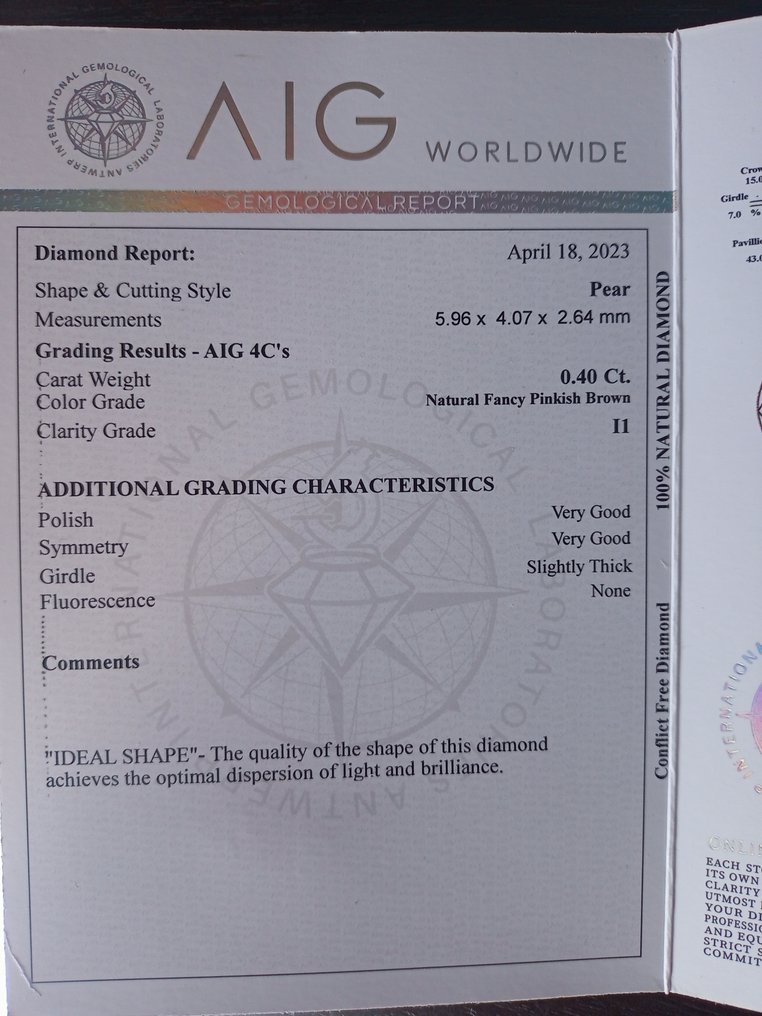 1 pcs Diamant  (Natürlich farbig)  - 0.40 ct - Birne - I1 - Antwerp International Gemological Laboratories (AIG Israel) #3.1
