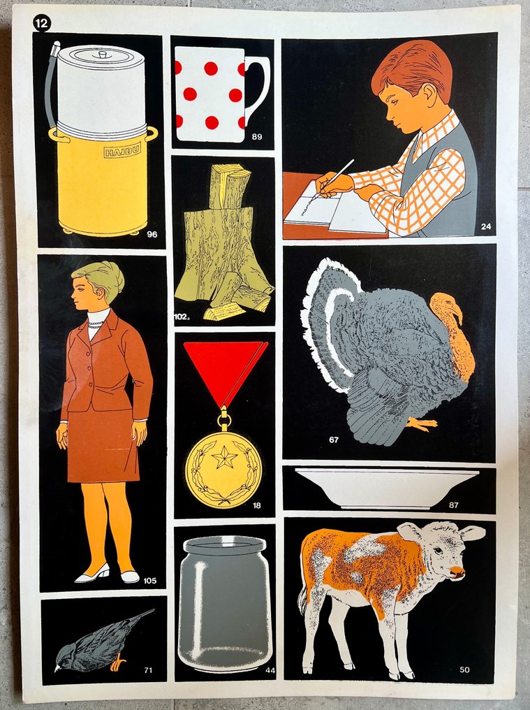 József Fogas - School education or work safety poster - industrial, lithography, Agriculture, tools, turkey, cow. - Jaren 1960 #1.1