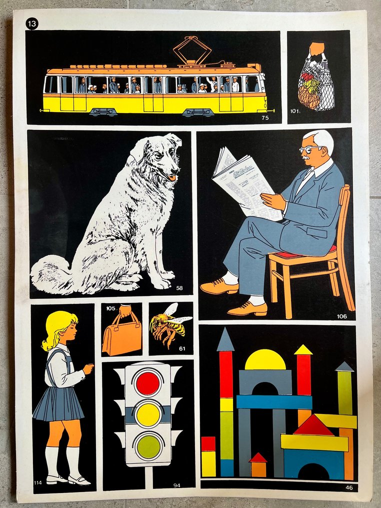 József Fogas - School education or work safety poster -industrial, dog, bee, lithography, tram, traffic, ussr, Cold - 1960-talet #1.1