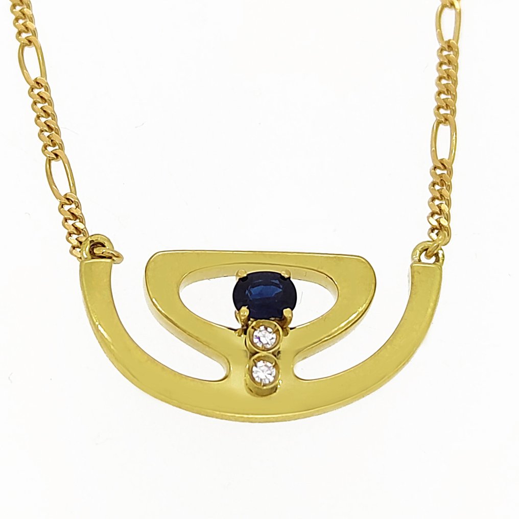 Necklace with pendant - 18 kt. Yellow gold -  0.06 tw. Diamond - Sapphire  #1.2
