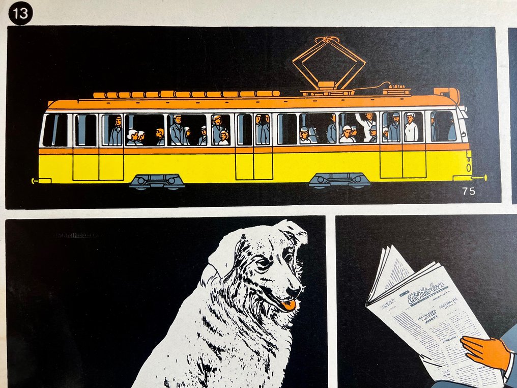 József Fogas - School education or work safety poster -industrial, dog, bee, lithography, tram, traffic, ussr, Cold - 1960-talet #2.1