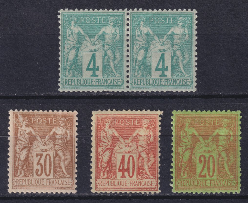 France 1876/1881 - Sages "Type I and II", n°63 pair, n° 80, 94 and 96 New**, Very beautiful. See description - Yvert #1.1