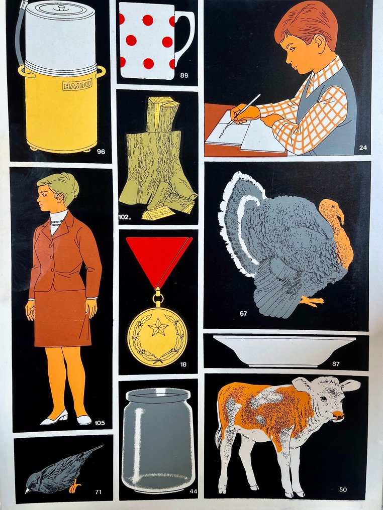 József Fogas - School education or work safety poster - industrial, lithography, Agriculture, tools, turkey, cow. - anii `60 #1.2