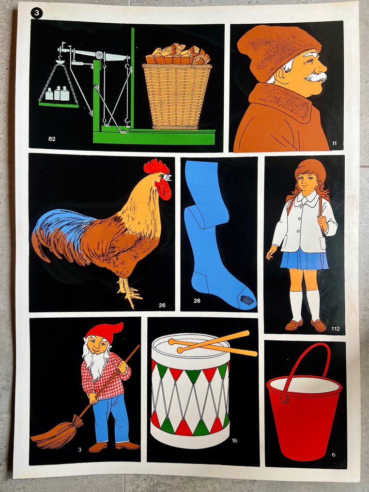József Fogas - School education or work safety poster - lithography, Agriculture, tools, animals, rural, dwarf, - 1960s #1.1