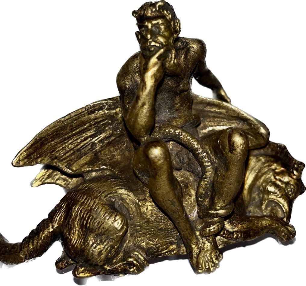 Szobor, Demone pensieroso seduto su drago - 10 cm - Bronz #1.1