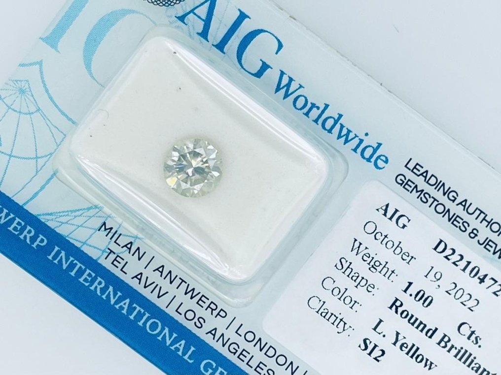 1 pcs Diamant  (Couleur naturelle)  - 1.00 ct - Rond - Light Jaune - SI2 - Antwerp International Gemological Laboratories (AIG Israël) #2.2