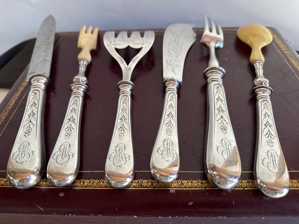 Christofle - Cutlery set (6) - CHRISTOFLE, Serving Cutlery, Engraved Floral Pattern - mod.Antique Louis Philippe - Bone, Silverplated, Velvet, Utrecht #1.1