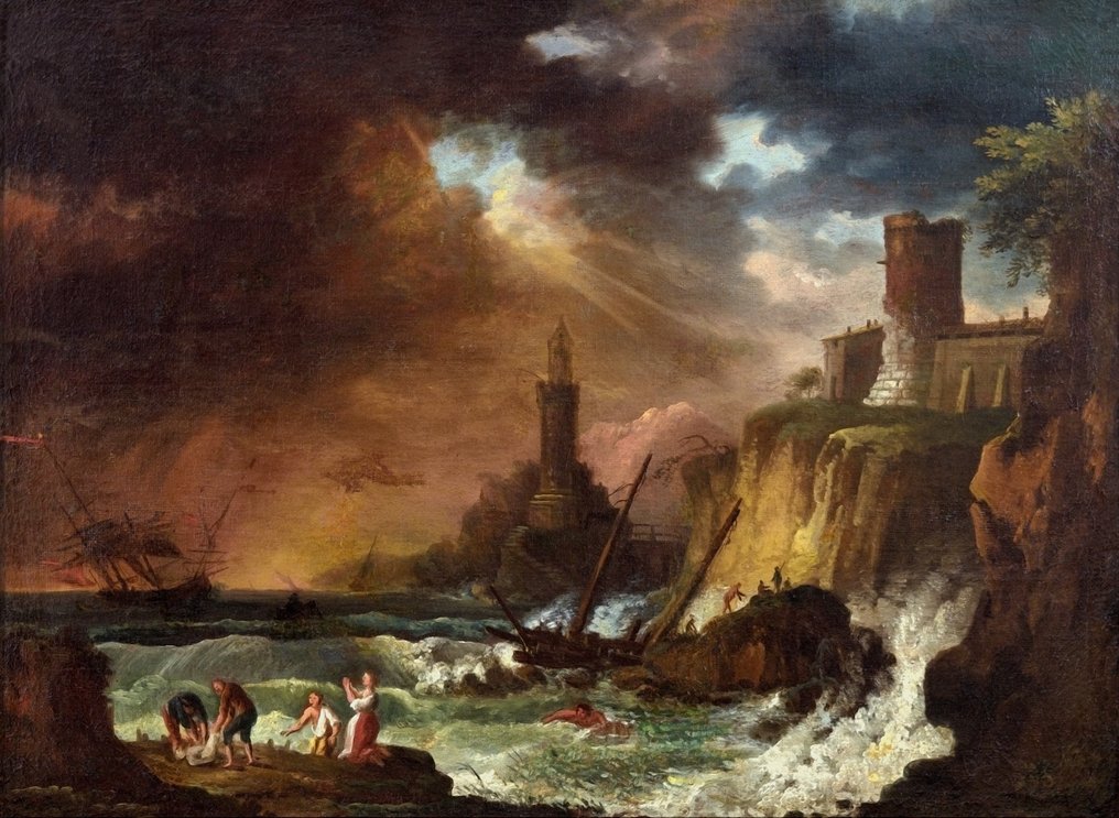 Scuola Francese (XVIII), maniera di Claude-Joseph Vernet - Marina in tempesta con naufragio #1.1