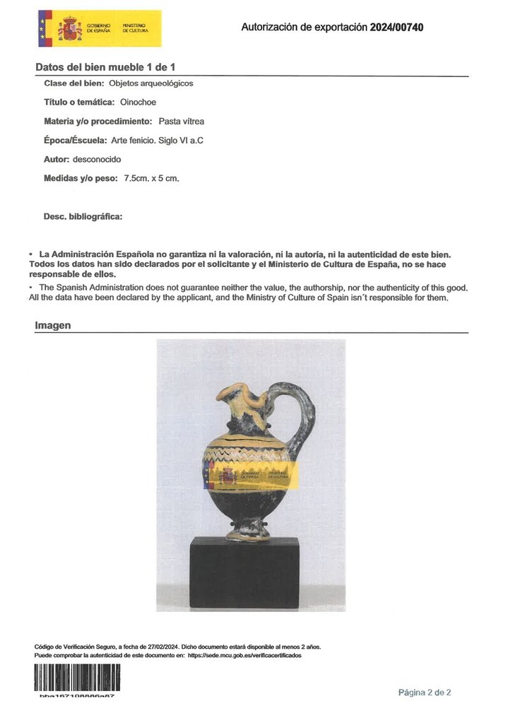 Phoenician Oinochoe in vitreous paste. Spanish Export License. - 7.5 cm #2.1