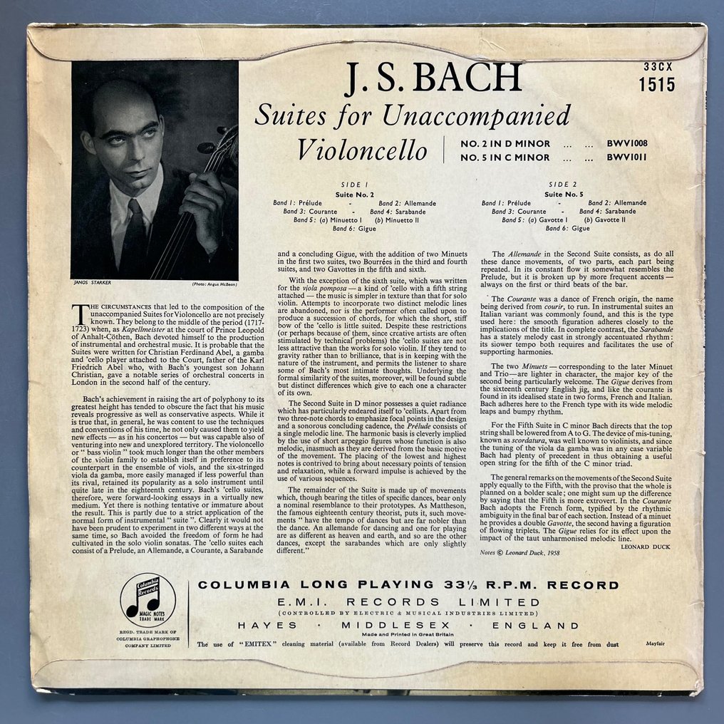 Bach & Janos Starker - Suites For Unaccompanied Cello - No. 2 In D Minor / No. 5 in C Minor (1st pressing) - Single vinylplade - 1. aftryk - 1958 #1.2