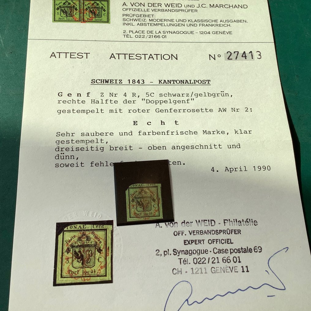Szwajcaria 1843 - Prawy znaczek pary Genf z certyfikatem fotograficznym Van der Weid/Marchand - Zumstein 4R #1.1