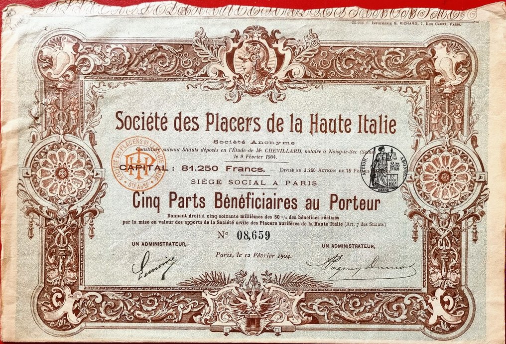 Anleihen- oder Aktiensammlung - Frankreich – Gesellschaft der Placer von Oberitalien – 1904 – Alle Coupons rund um die Uhr #1.1