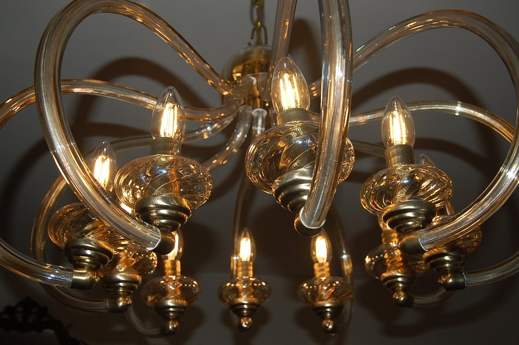 枝形吊灯 - 玻璃, 黄铜, 复古玻璃吊灯，配有十个吹制玻璃碗 #3.1