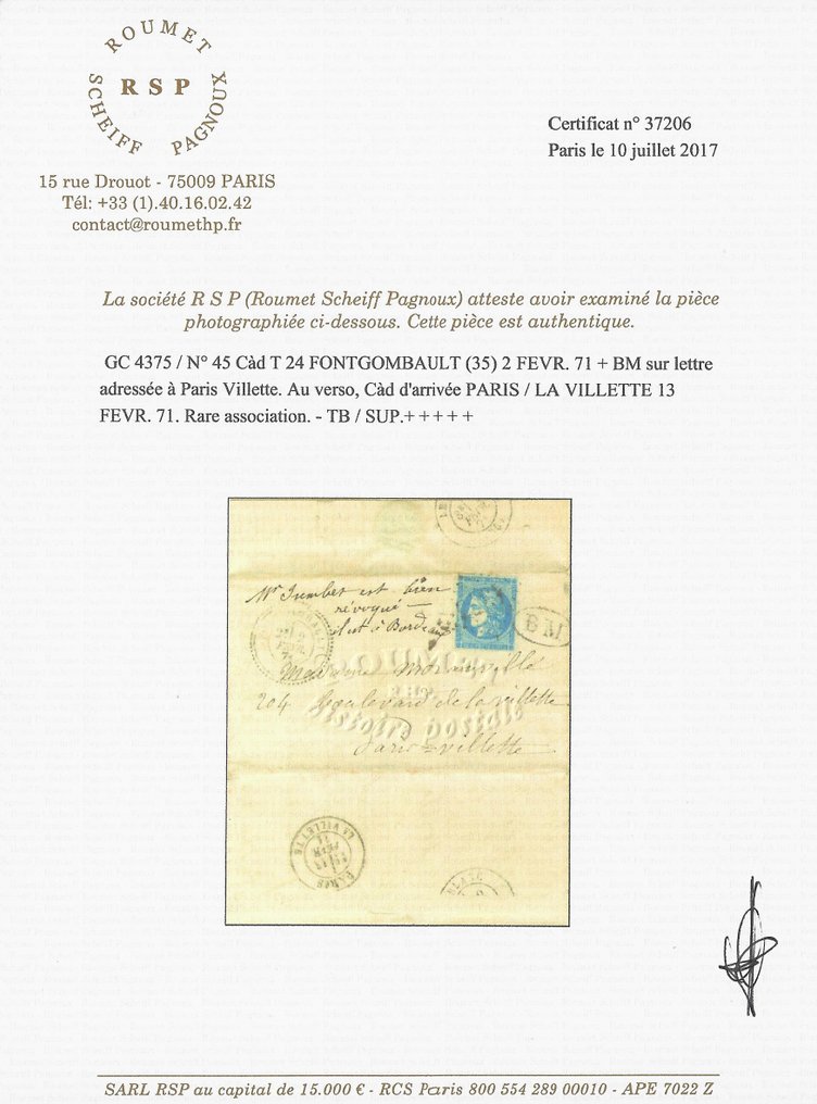 France 1871/1871 - Armistice War 70 - Letter entered Paris by smuggler before the reestablishment of Mail - Yvert et Tellier n°45 #2.1