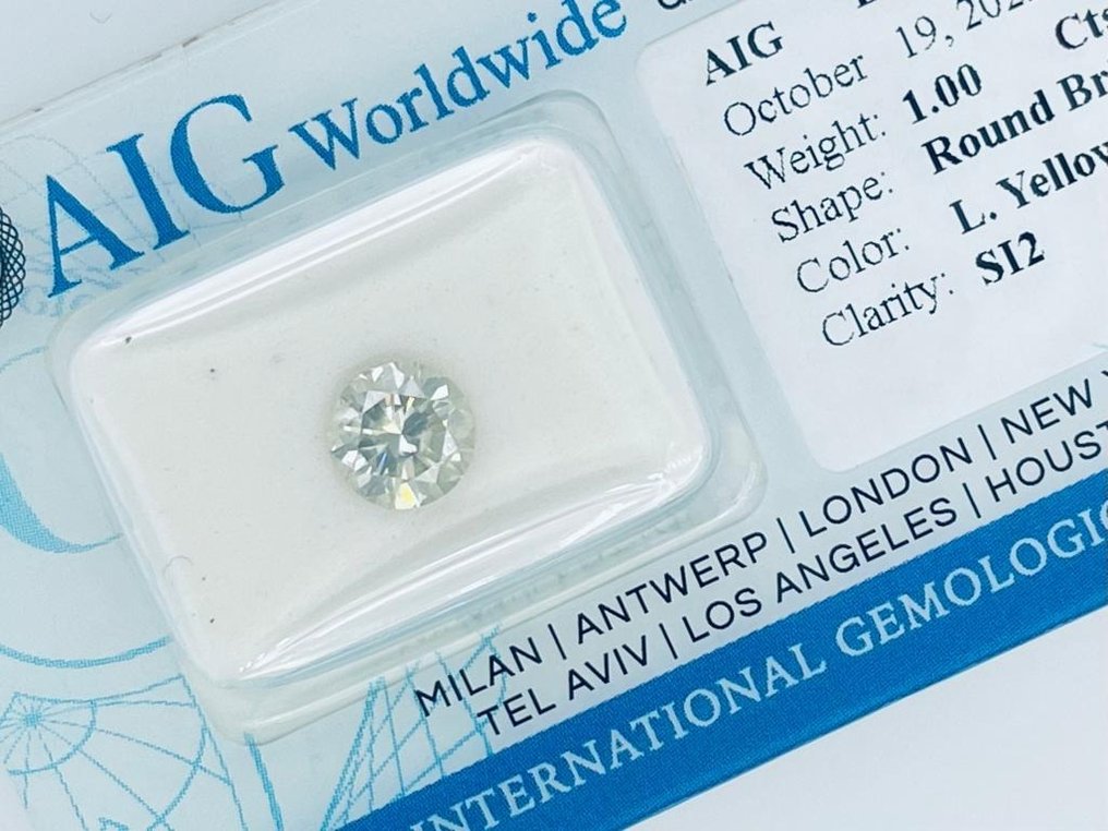 1 pcs Diamant  (Couleur naturelle)  - 1.00 ct - Rond - Light Jaune - SI2 - Antwerp International Gemological Laboratories (AIG Israël) #2.1