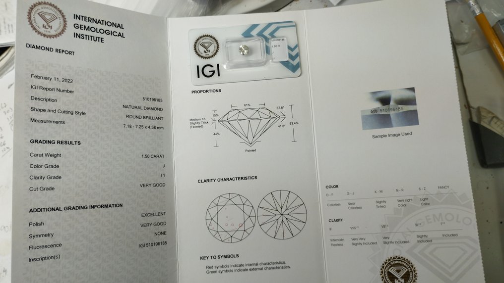 1 pcs Diamant  (Natürlich)  - 1.50 ct - Rund - J - I1 - International Gemological Institute (IGI) #2.1