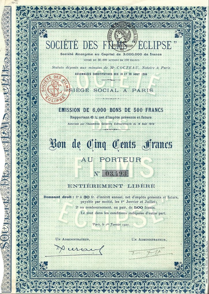 Anleihen- oder Aktiensammlung - Frankreich – Société des Films „Eclipse“ 500 FR-Gutschein – 1920 – Gutscheine #1.2