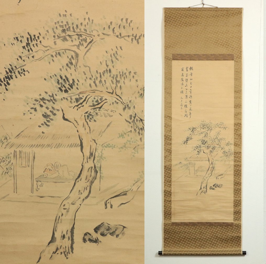 Calligraphy and Painting Scroll with Original Wood Box - Signed 'Takaku Ryuko 高久隆古' - Japán - Késő Edo-kor  (Nincs minimálár) #1.1
