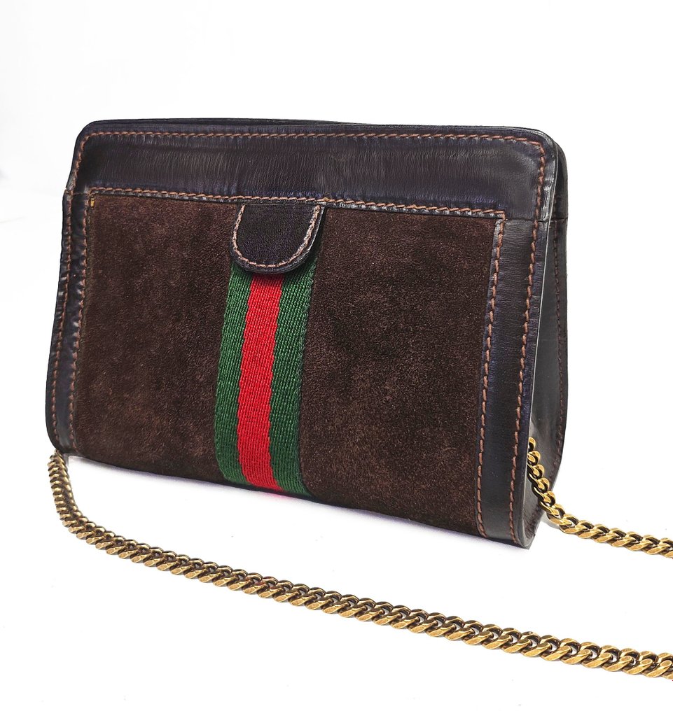 Gucci - Vintage Ophidia in Camoscio Marrone Striscia web e catena oro - Shoulder bag #1.2