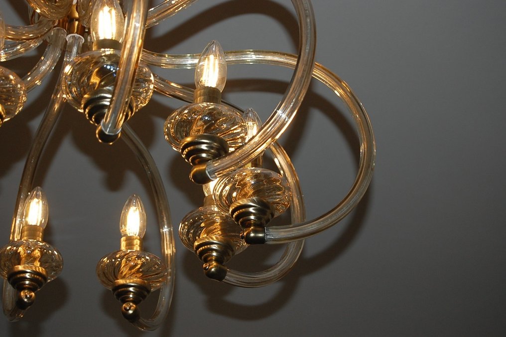 枝形吊灯 - 玻璃, 黄铜, 复古玻璃吊灯，配有十个吹制玻璃碗 #3.2
