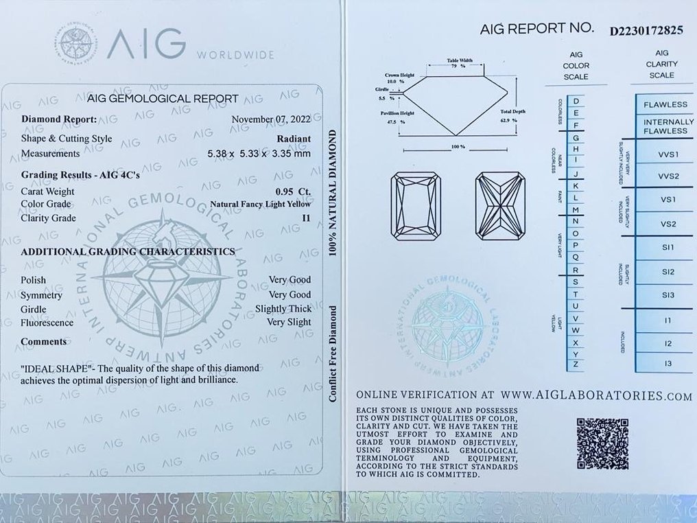 1 pcs Diamant  (Colorat natural)  - 0.95 ct - Strălucitor - Fancy light Galben - I1 - (AIG Israel) Laboratoarele gemologice internaționale din Anvers #3.1