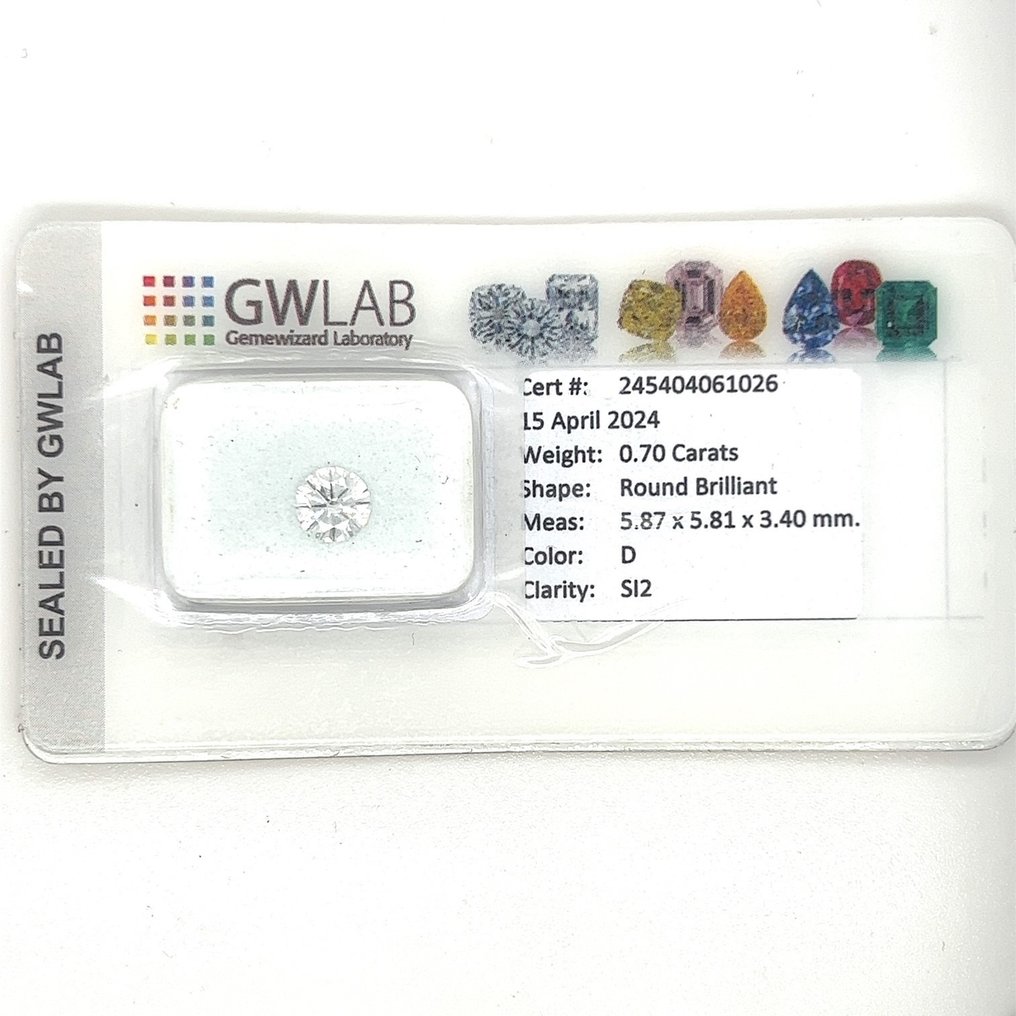 1 pcs Diamant  (Natural)  - 0.70 ct - D (färglös) - SI2 - Gemewizard Gemological Laboratory (GWLab) #1.3
