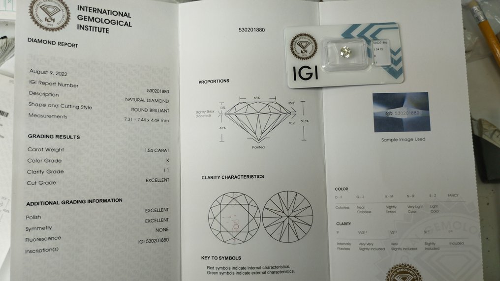 Ohne Mindestpreis - 1 pcs Diamant  (Natürlich)  - 1.54 ct - Rund - K - I1 - Antwerp International Gemological Laboratories (AIG Israel) #2.1
