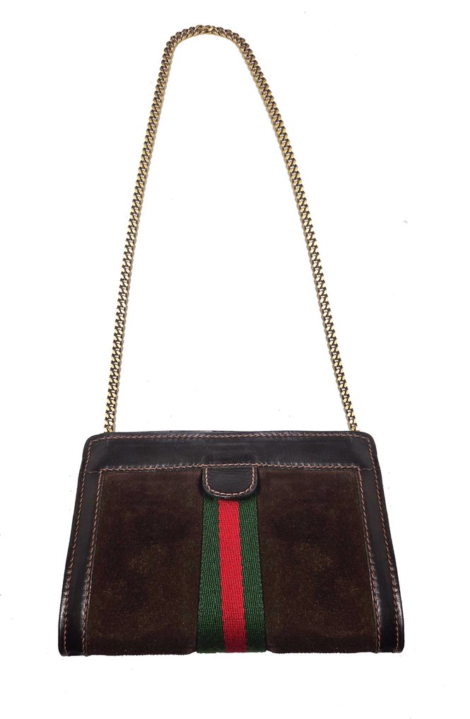 Gucci - Vintage Ophidia in Camoscio Marrone Striscia web e catena oro - Shoulder bag #1.1