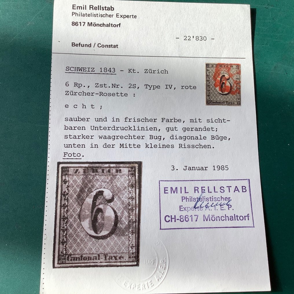 Schweiz 1843 - 4 Rp Zürich mit Rellstab-Zertifikat - Zumstein 2S #1.1