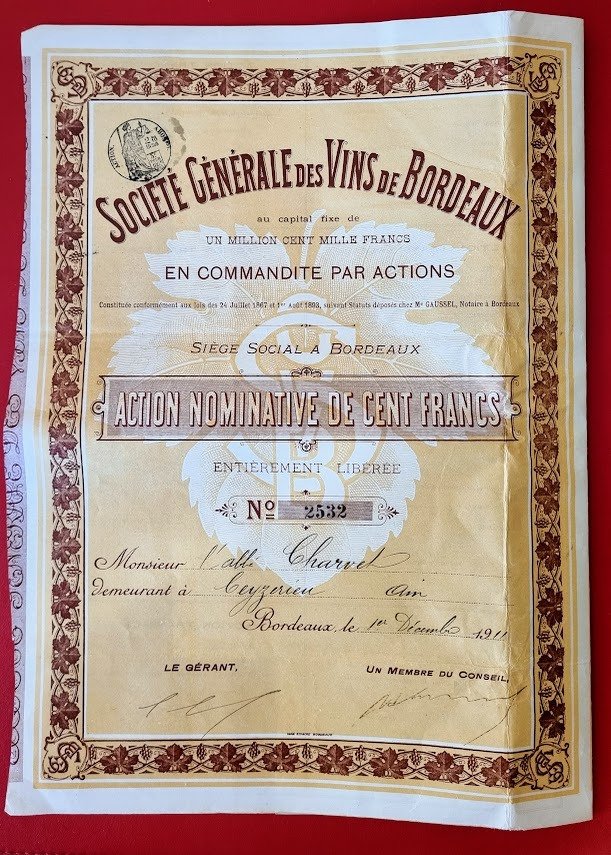 Anleihen- oder Aktiensammlung - Frankreich – Weine – Société Générale des Vins de Bordeaux – Aktion von 100 FR – Bordeaux – 1911 – #2.1