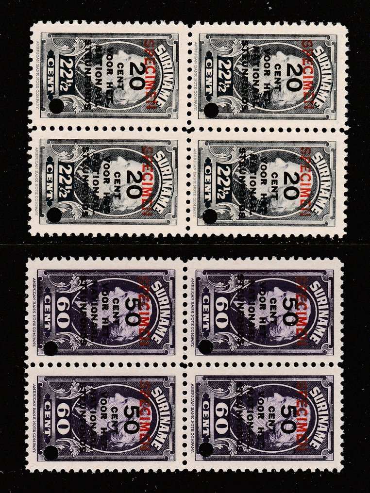 Surinam 1945 - Timbre de francizare - NVPH 217 + 219 in blok van 4 met 'specimen' #1.1
