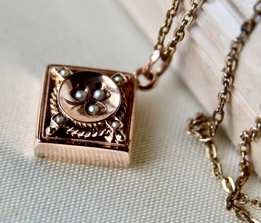 Handcrafted 1890/1900 Art Nouveau Necklace with natural pearls - Conjunto de joyas de 2 piezas - 8 quilates Oro rosa Perla  #1.1