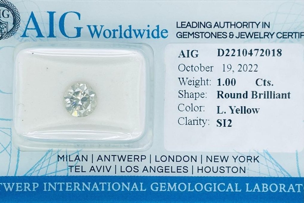 1 pcs Diamant  (Couleur naturelle)  - 1.00 ct - Rond - Light Jaune - SI2 - Antwerp International Gemological Laboratories (AIG Israël) #3.2