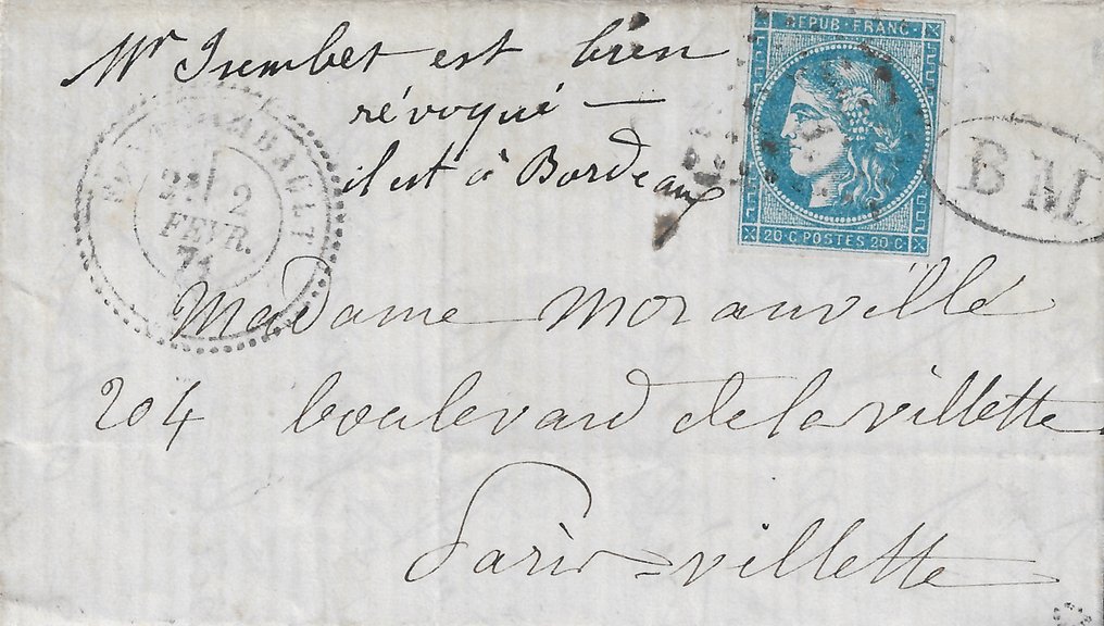 France 1871/1871 - Armistice War 70 - Letter entered Paris by smuggler before the reestablishment of Mail - Yvert et Tellier n°45 #1.1