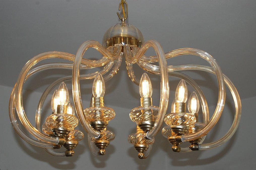 枝形吊灯 - 玻璃, 黄铜, 复古玻璃吊灯，配有十个吹制玻璃碗 #1.1
