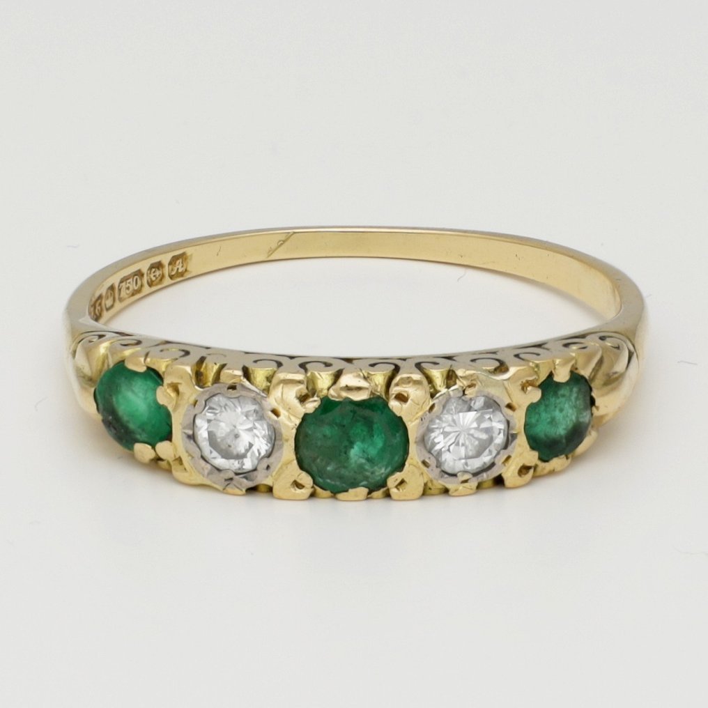 Ring - 18 kraat Gulguld Diamant  (Natur) - Smaragd #2.1