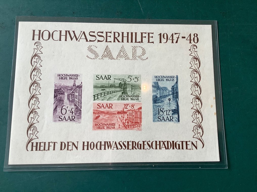 Saarland 1948 - Hoogwater blok met plaatfout (verschoven druk) - fotocertificaat Hoffmann BPP - Michel blok 1 I #2.1