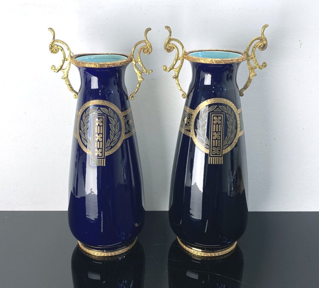Sarreguemines - Paire de Vases Art Nouveau en Bleu Royal avec Montures en Bronze Doré H :33cm - Vas (2)  - Ceramică #2.1