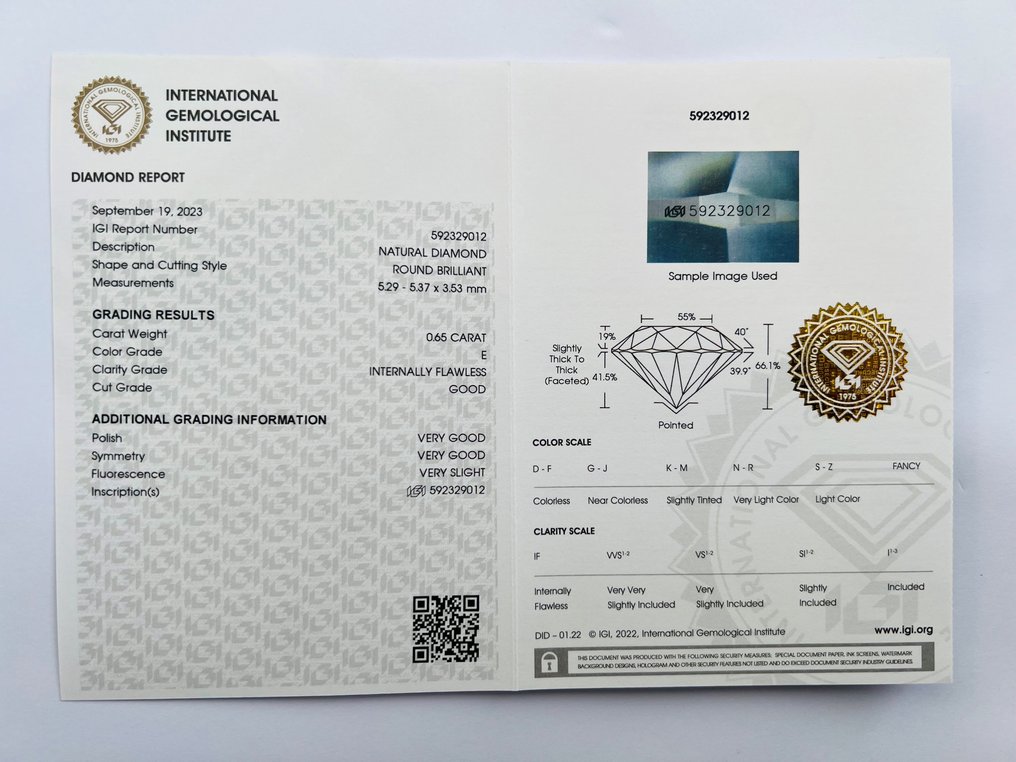 1 pcs 鑽石  (天然)  - 0.65 ct - E(近乎完全無色) - IF - 國際寶石學院（International Gemological Institute (IGI)） #2.1