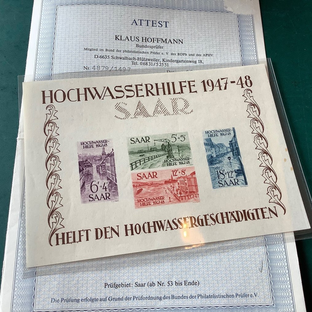 Saarland 1948 - Hoogwater blok met plaatfout (verschoven druk) - fotocertificaat Hoffmann BPP - Michel blok 1 I #1.1
