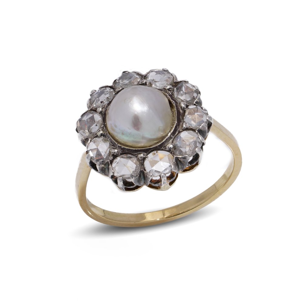 Gyűrű Viktoriánus 18kt arany és ezüst gyöngy gyémánt virágfejfürt #1.1