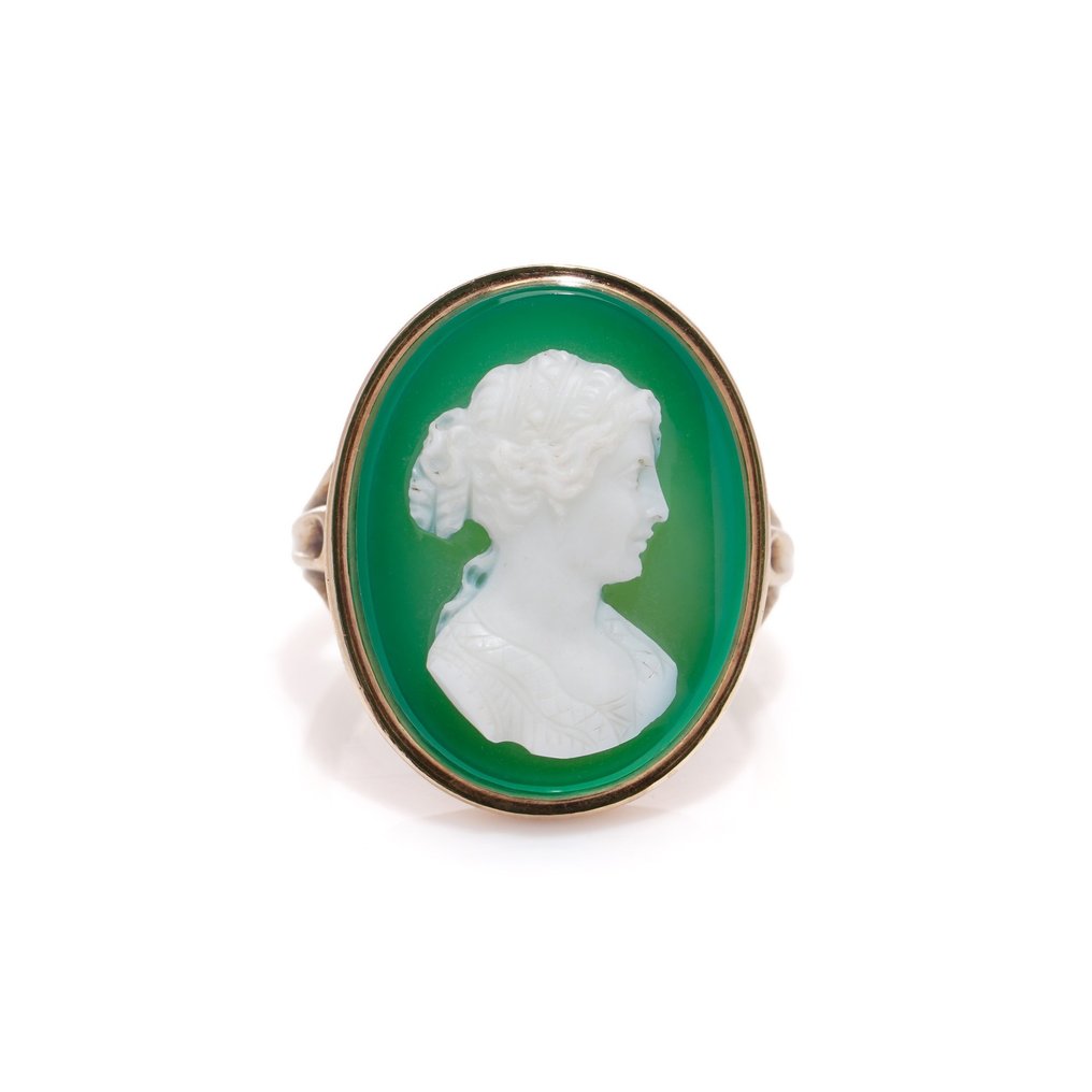 Ring 15kt. rosa gull Victorian Green Agate Cameo ring med dameprofil  #1.1